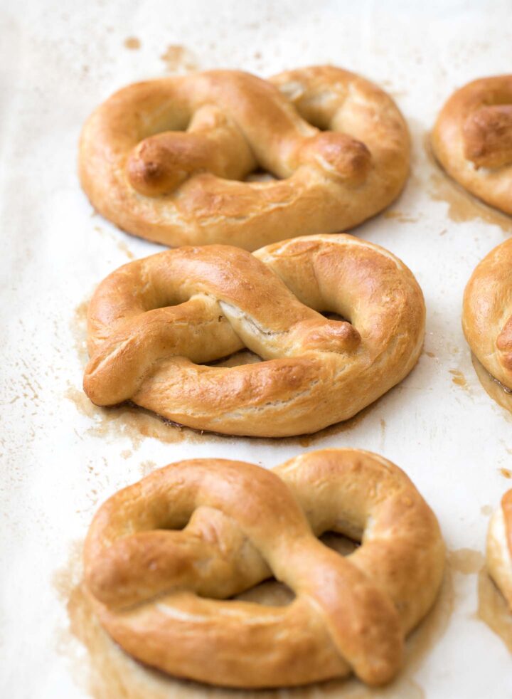 soft pretzels on a baking sheet