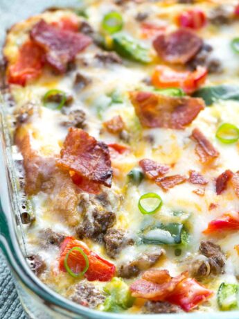 A healthy, fully loaded breakfast casserole topped with fresh veggies, meats and blends of cheeses. Breakfast is served! www.simplerevisions.com