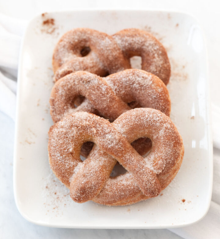 Sugar Cinnamon Homemade Soft Pretzels on a white plate