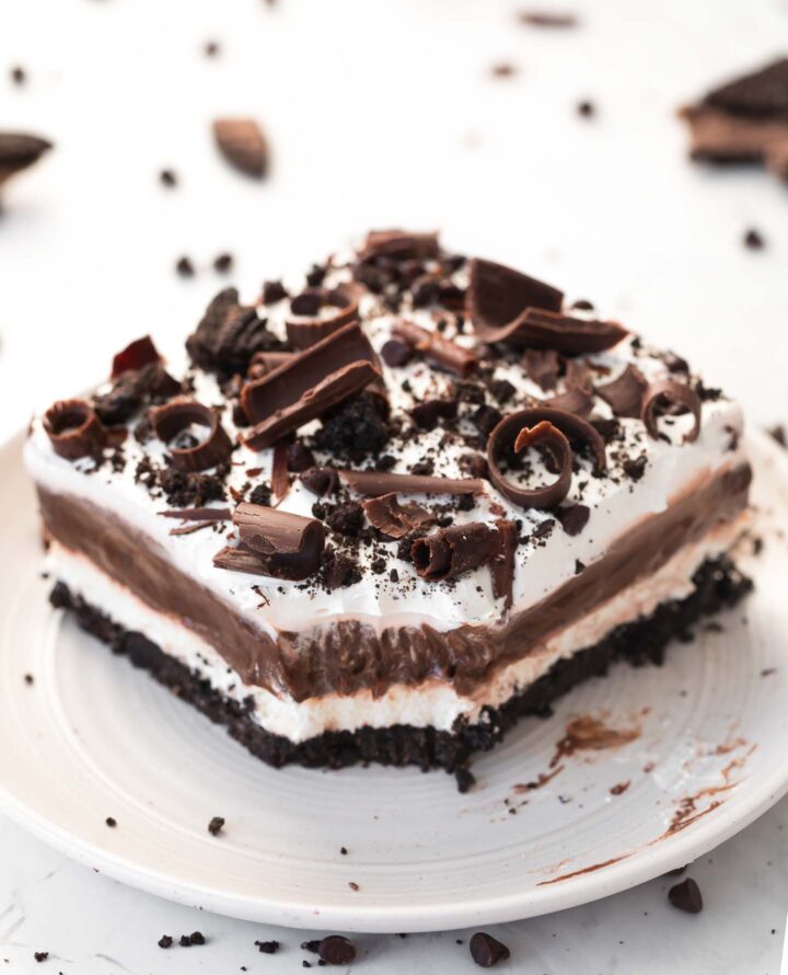 chocolate lasagna slice on a white plate