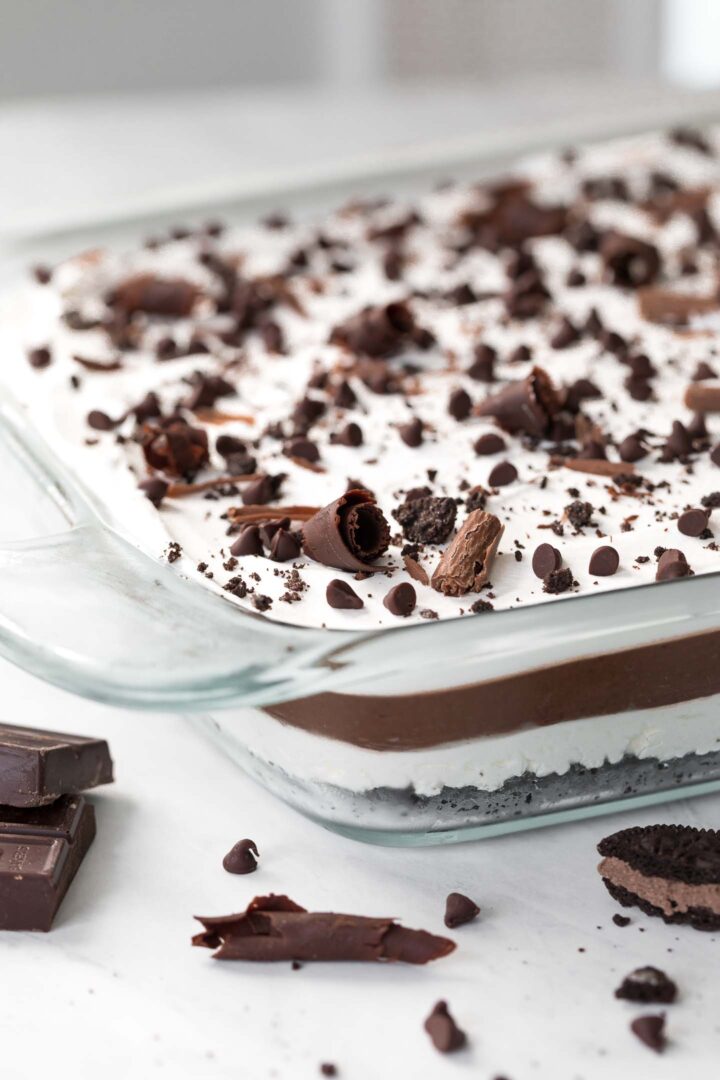 Chocolate lasagna in a 9x13 glass baking dish.