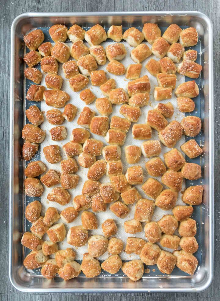 Soft pretzel bites fresh out of the oven on a baking sheet sprinkled with coarse salt